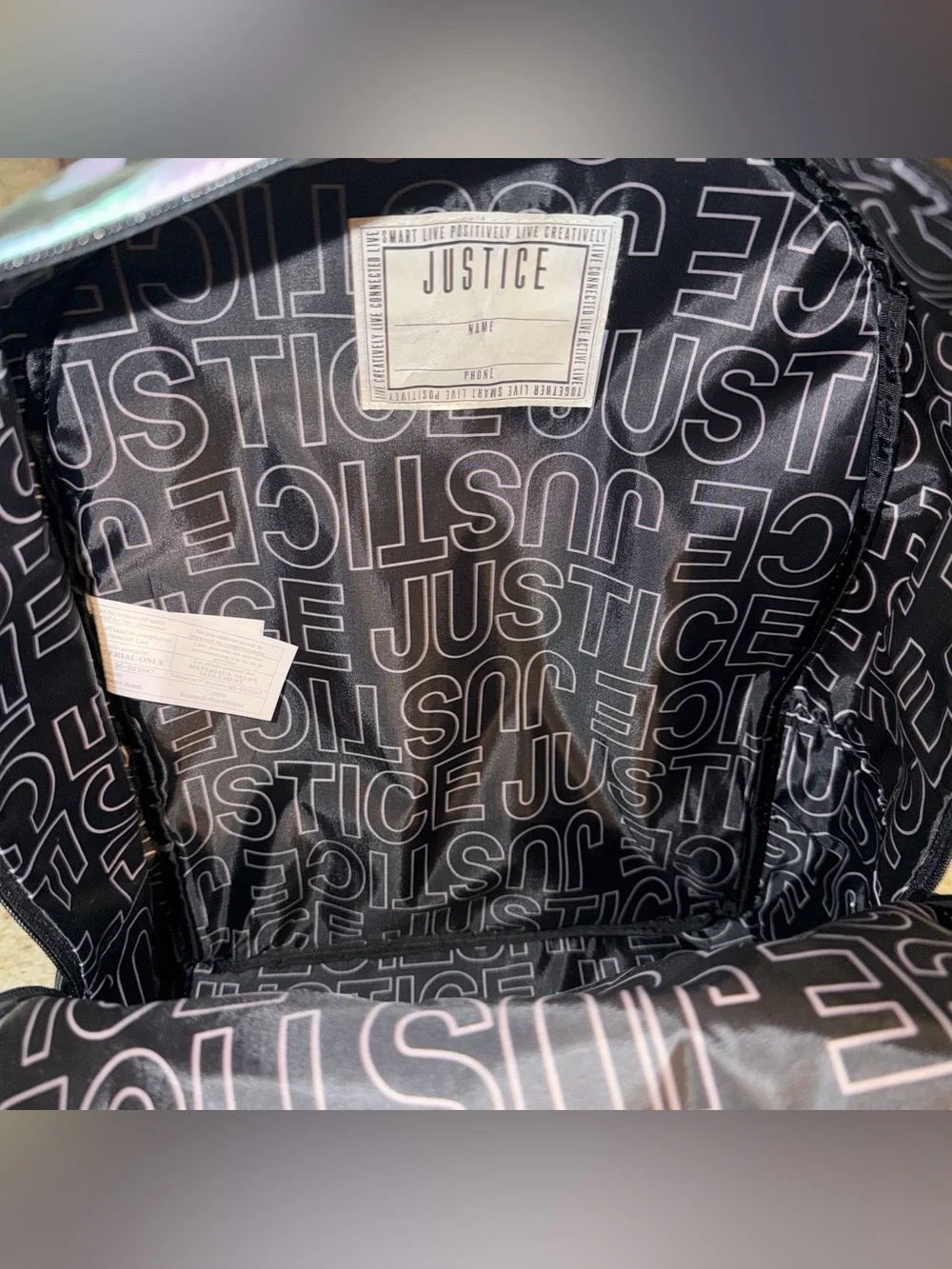 Justice Iridescent Holographic Purple Backpack with M Initial